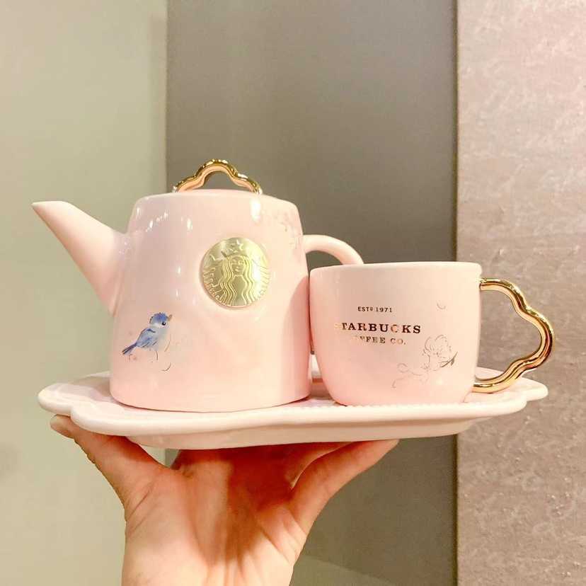 Starbucks limited cherry blossoms in spring 2022 to bloom with the fragrance of birds and flowers, household gift Ceramic Teapot Set Cup