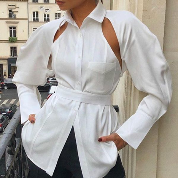 Women&#039;s Blouses & Shirts Women Button Down White High Street Long Sleeve Turn Collar Lady Backless Lace-up Hollow Plain