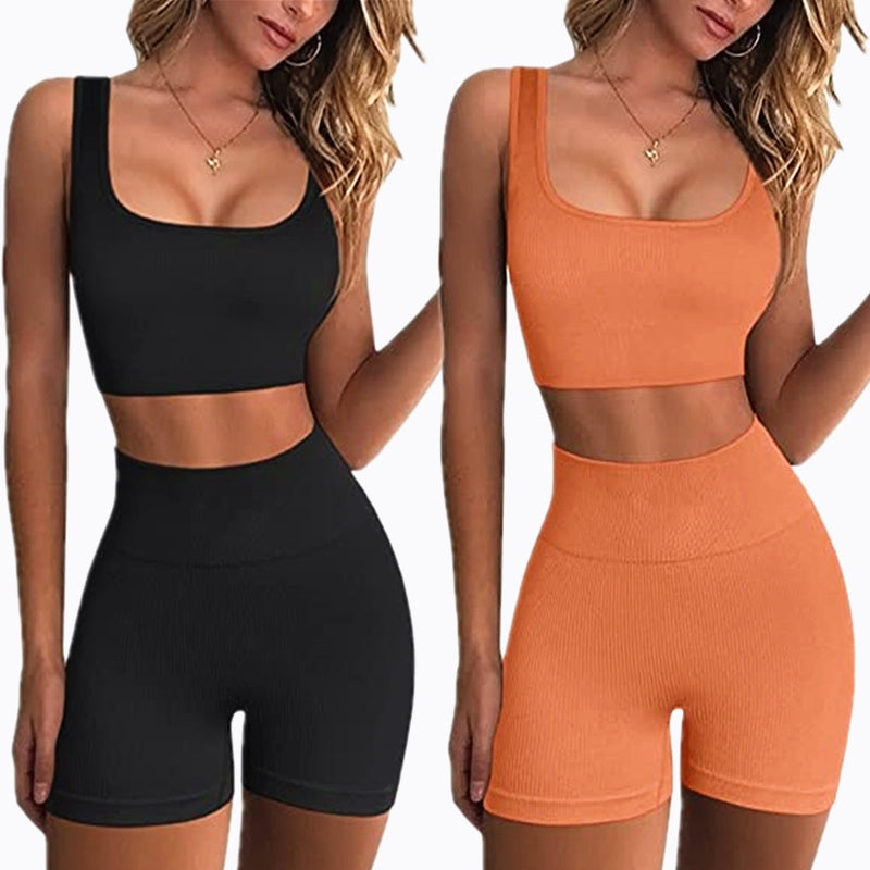 Women Workout Outfit Shorts Set 2 Piece Ribbed Seamless Crop Tank Tops Yoga Padded Bras High Waist Booty Shorts Gym Legging Sports Activewear Clothi