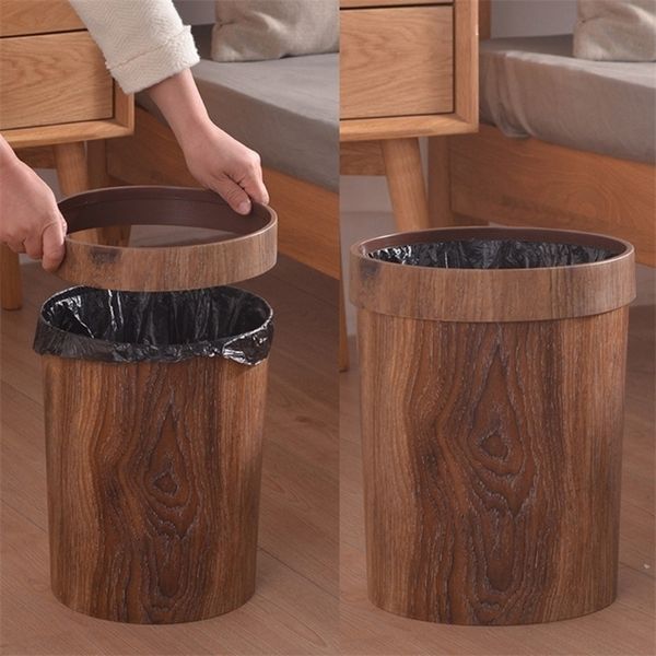 Retro Wood Grain Trash Can Home Living Room Kitchen Garbage Bin Office Toilet Paper Basket Bathroom Bedroom Supplies 220408