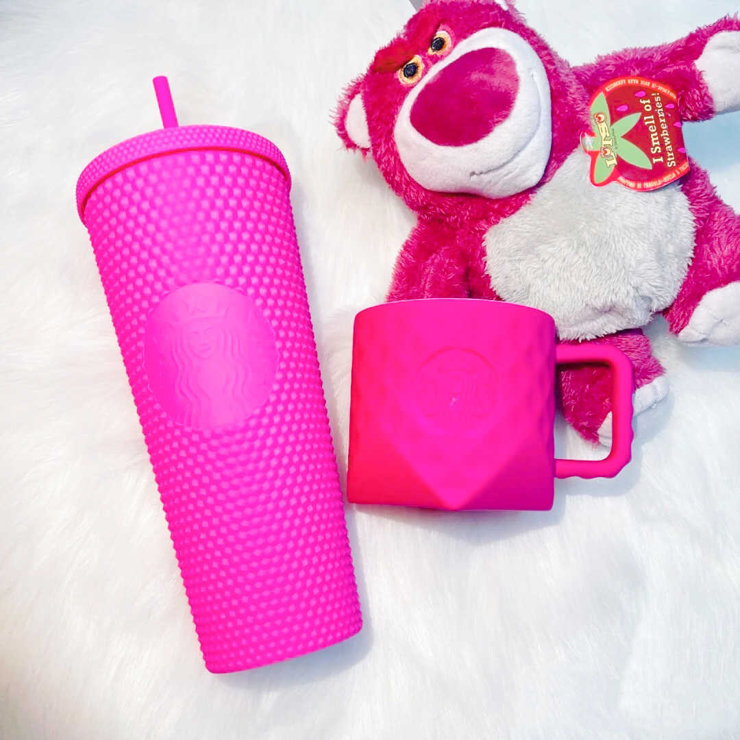 Starbucks durian cup rose red summer new Barbie powder diamond cut grain ceramic mug net red straw water cup