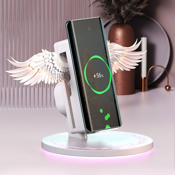 New angel wings mobile phone wireless charger 15W quick charging universal gift wholesale multifunctional makeup mirror for iphone samsung x
