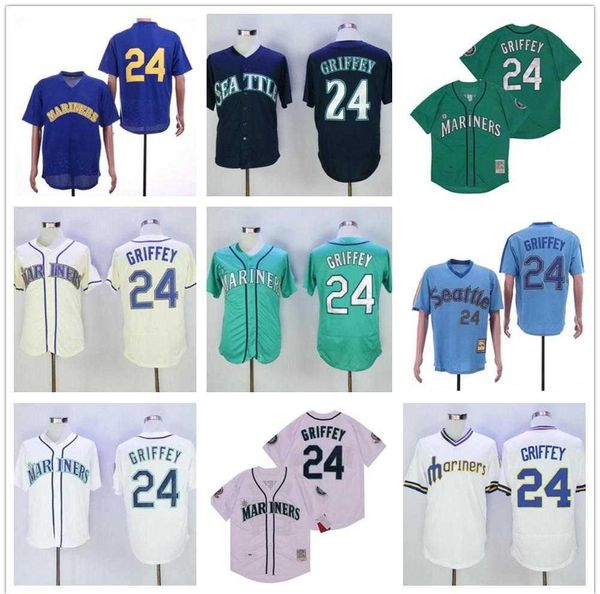 Retro 1984 1995 Retire 24 Ken Griffey Jr Vintage Baseball Jersey Flexbase Cool Base Pullover Embroidery And Sewing Green White Navy Blue