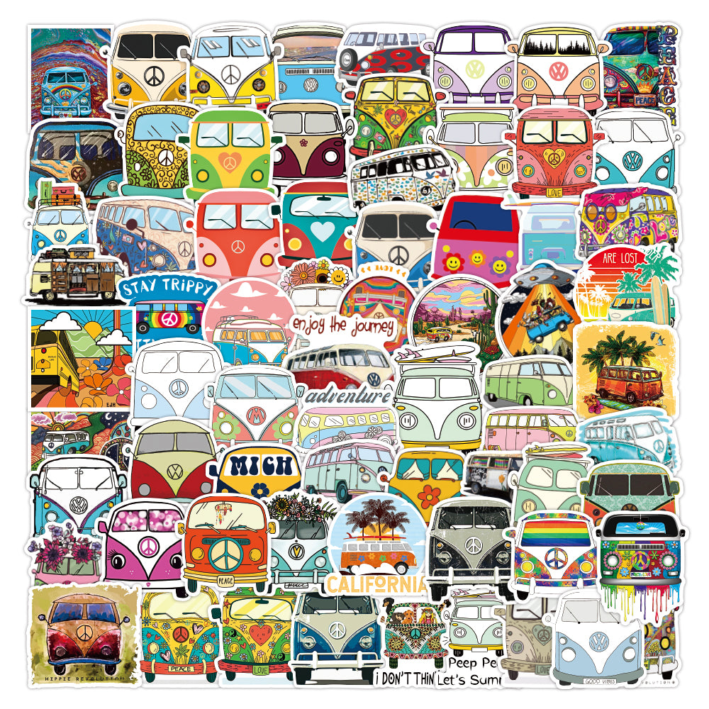 50PCS Cartoon Retro Hippies Bus Cute Stickers For Kids Water Bottle Aesthetic Car Decals Laptop DIY Stationery Notebook Motorcycle Pad Luggage Skate
