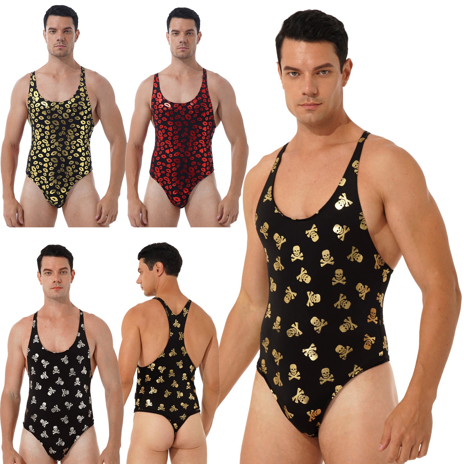 Men&#039;s Tank Tops Mens Fashion Lip- Skull Print Bodysuit Underwear Hight Cut Thongs Lingerie Round Jumpsuit Neck Sleeveless