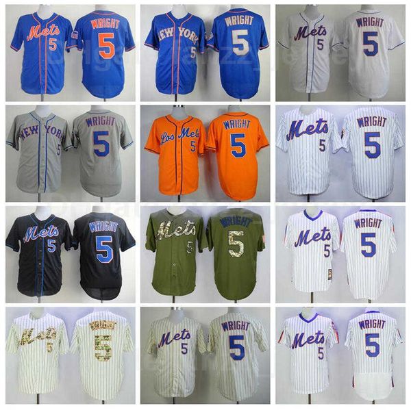 Men Vintage 5 David Wright Baseball Jersey Retire All Stitched Team Flexbase Cool Base Blue White Orange Grey Beige Black Army Green Away
