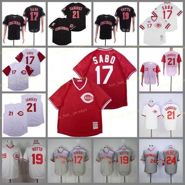 Retired 17 Chris Sabo Baseball Jersey 19 Joey Votto 21 Deion Sanders 24 Tony Perez Vintage Retro Cooperstown Mesh Stitched Pullover