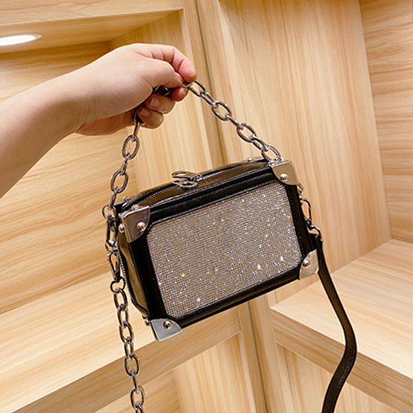 Top quality Shining Diamond soft box armpit bag glittering billing full letter chain portable women&#039;s Bag Messenger dinner shoulder mak