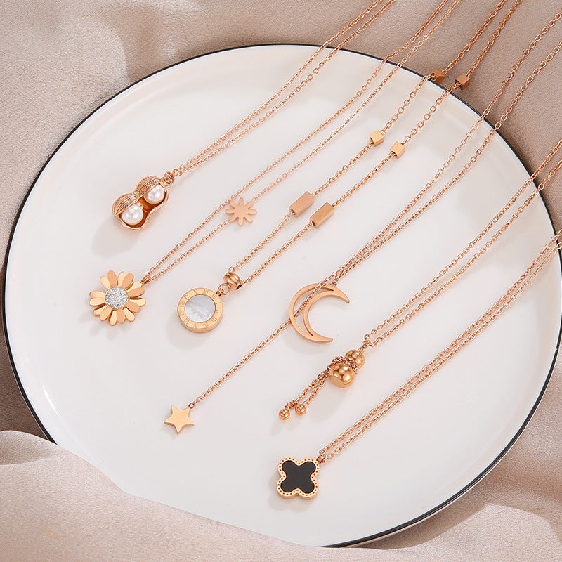fashion 18K rose gold clover designer pendant necklaces stainless steel choker simple necklace jewelry for women