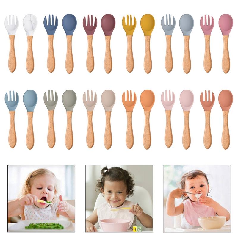 Cups, Dishes & Utensils 2Pcs Silicone Tips Baby Feeding Training Spoon And Fork Set With Wooden Handle Toddlers Infant Eat Independent Acces