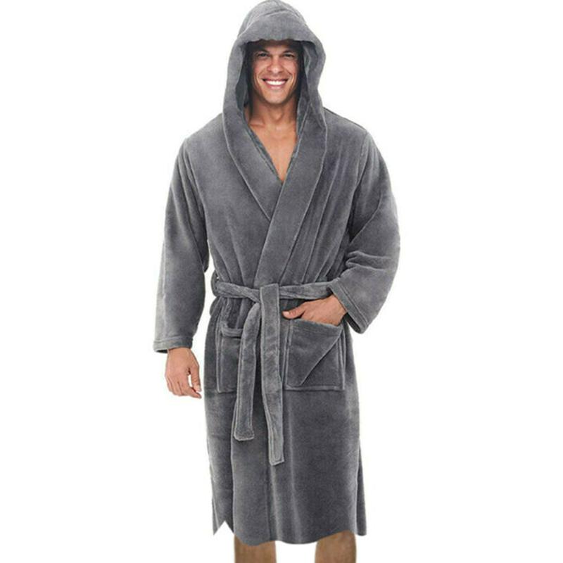 Men&#039;s Sleepwear Robe For Men Solid Color Bandage Bathrobe Long Sleeve Hooded Robes Male Lounge Wear Dressing Gown Mens Sleep Tops