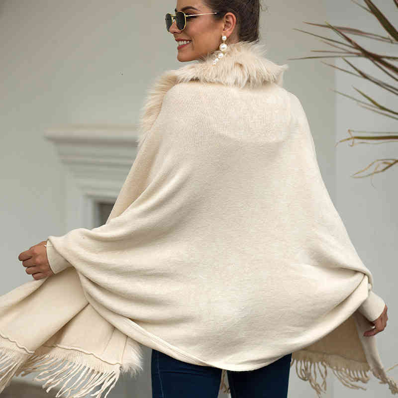 Women&#039;s Wool & Blends Fur Collar Winter Shawls And Wraps Bohemian Fringe Oversized Womens Winter Ponchos And Capes Batwing Sleeve Cardigan Cloa