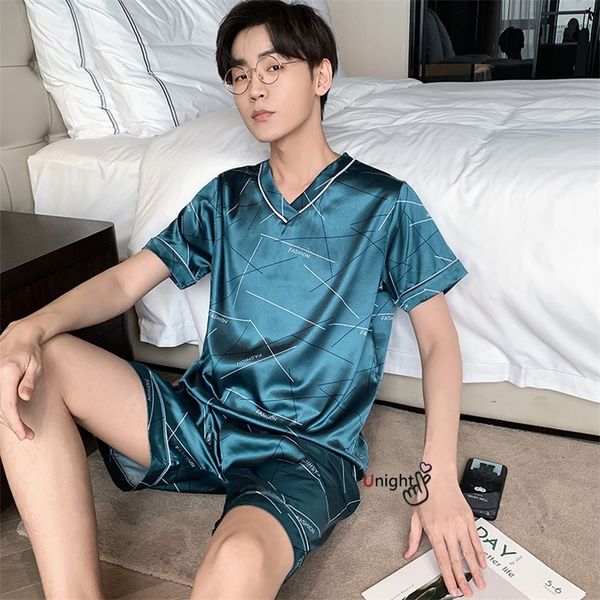 Men Pajama Shorts Summer Satin Viscose Pullover Trousers for men Set 3XL Nightwear Casual Sleepwear For Silk Pyjama 220426