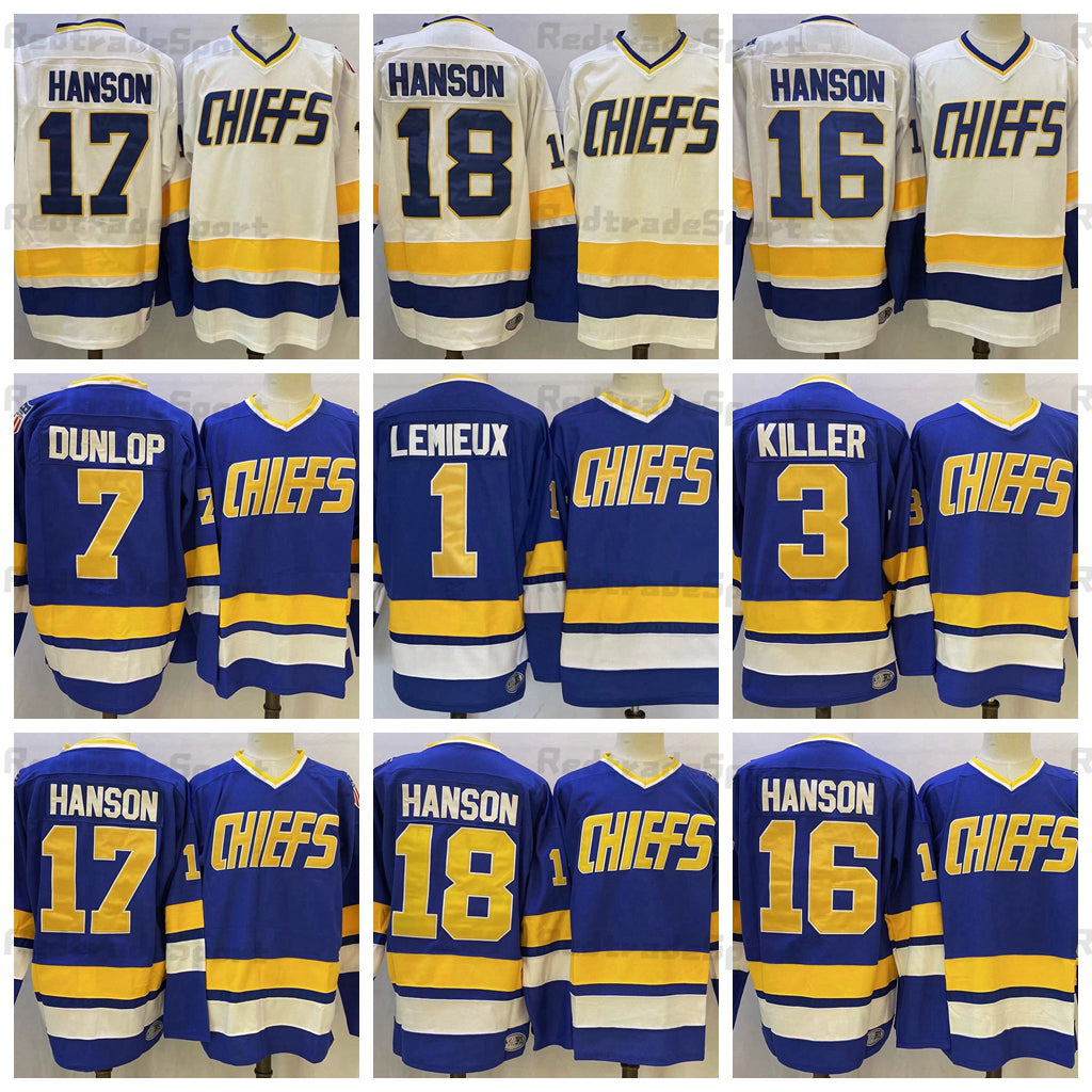 Mens Slap Shot Movie Charlestown Chief Hockey Jerseys 17 Steve Hanson 18 Jeff Hanson 16 Jack Hanson 1 Denis Lemieux 3 Dave Killer 7 Reggie Dunlo Blu