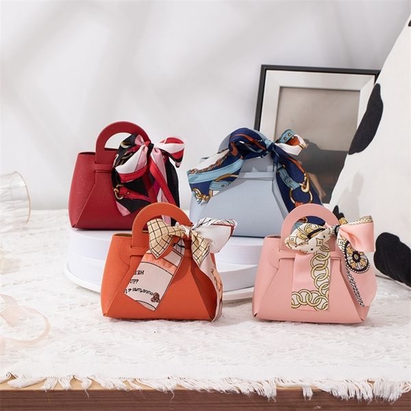 5-10 PCS Small Leather Gift Box Creative Handbag Shape Ribbon Bow Temperament Solid Color Candy With Hand Bag 220427