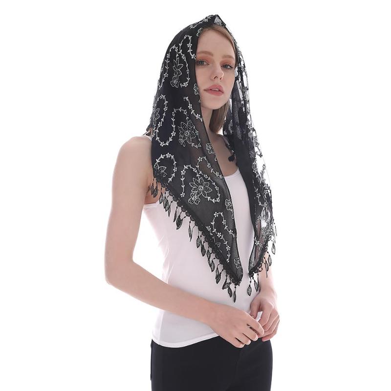Scarves Embroidered Scarf For Catholic Prayer Shawl Spanish Mantilla Lace Hollow Veil Tassel Floral Transparent Laven