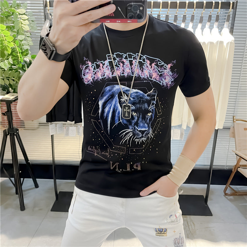 2022 Summer Mens T shirt Leopard Print 3D Hot drills Slim Fit Stylish Cotton Short Sleeve Tshirts Fashion Top T Shirts For Men