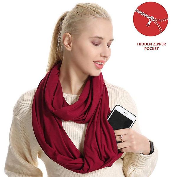 Scarves Woman Plain Color Travel Scarf Premium Pocket Infinity Fashion Cotton Wrap With Zipper Carabiner 10129