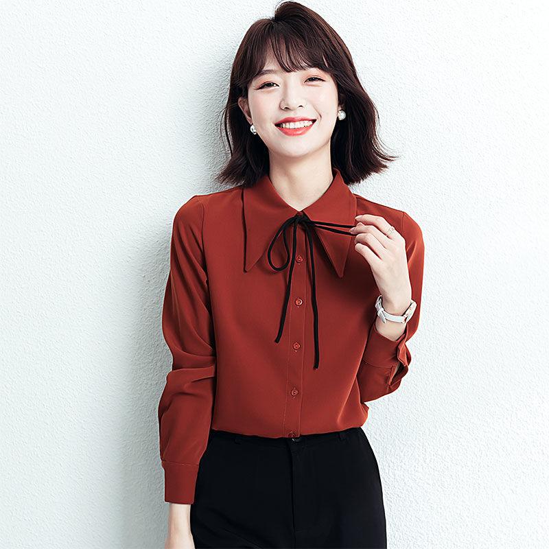 Women&#039;s Blouses & Shirts Fashion Korean Doll Collar Chiffon Women &amp; Long-Sleeve Spring Loose Office Blouse Red Shirt Top X08Women&#039;s