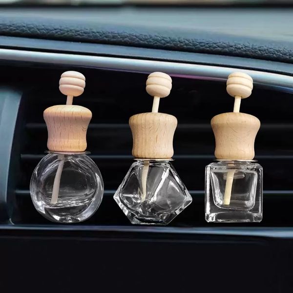Car Perfume Bottles Empty With Clip Wood Stick Essential Oils Diffusers Air Conditioner Vent Clips Automobile Air Freshener Glass Bottle Car