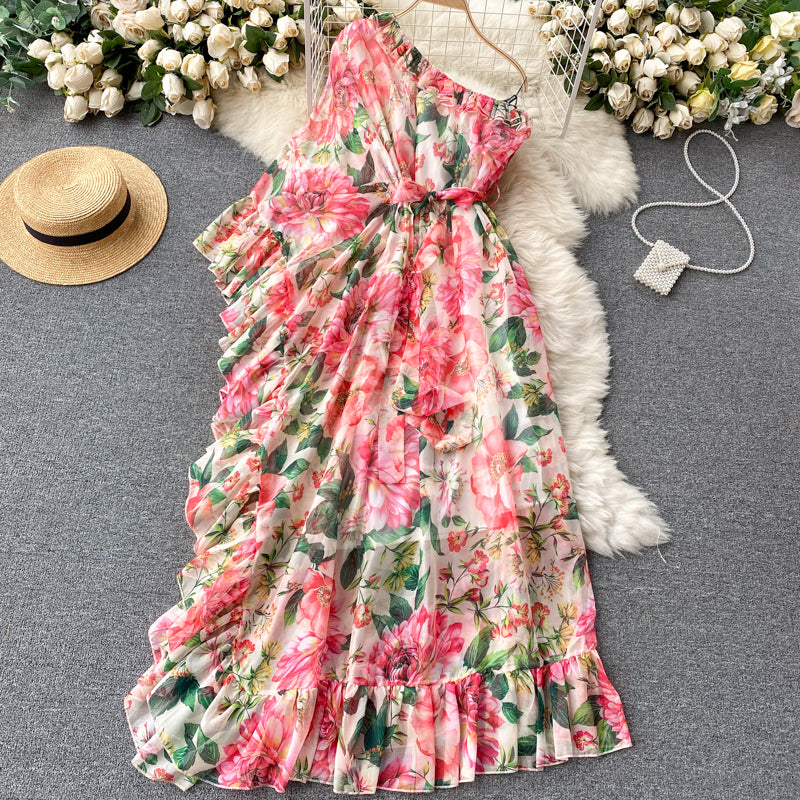 Spring European American Floral Maxi Vestidos Women&#039;s Casual Dresses Diagonal Collar One-shoulder Ruffled Temperament Dress 2022