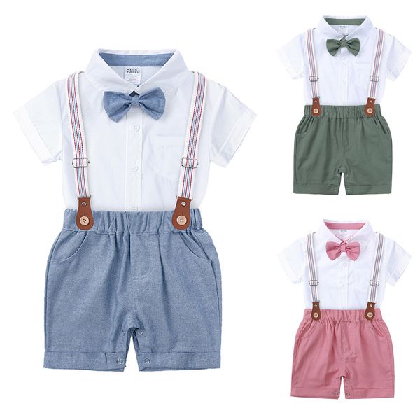 Toddler Baby Summer Boys Gentleman Clothes Sets Short Sleeve Romper Suspenders Shorts 2Pcs Wedding Party Casual Outfits 3-24 Months 6B