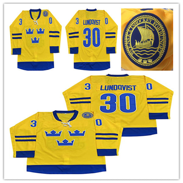 Men&#039;s 30 Henrik Lundqvist Team 2014 Sweden Hockey Jersey Vintage Stitched Yellow Size S-XXXL