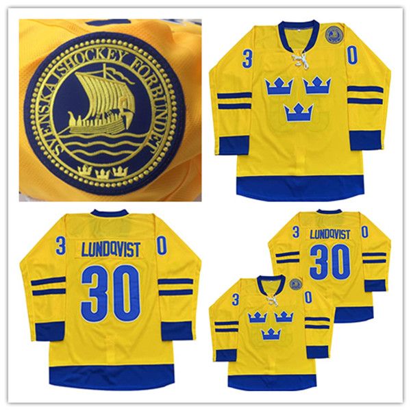 Team 2014 SWEDEN 30 Henrik Lundqvist Hockey Jersey Retro Yellow Stitched Uniforms Size S-XXXL Men&#039;s