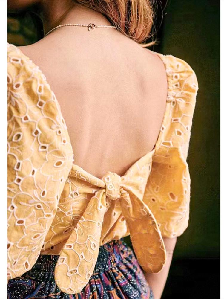 Women&#039;s Blouses & Shirts Women&#39;s Retro Square Collar Yellow Blouse 2022 Embroidery Flowers S Ladies Backless Lace-up Elegant Shirt And T