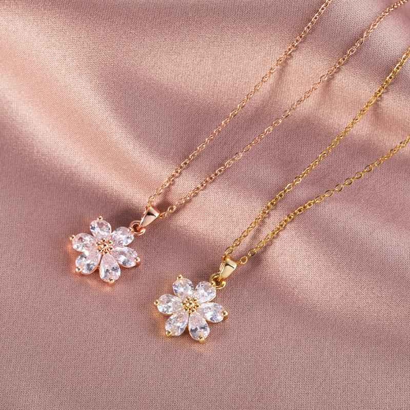 Pendant Necklaces Fashion Crystal Flower Necklace For Women Girls Cute Plant Copper Charms Stainless Steel Chain Choker Jewelry GiftsPendant