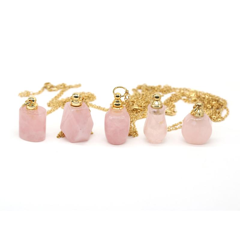 Pendant Necklaces Natural Rose Quartz Perfume Bottle Necklace Plated Gold Chain Essential Oil Diffuser Vial Fine Jewelry GiftPendant