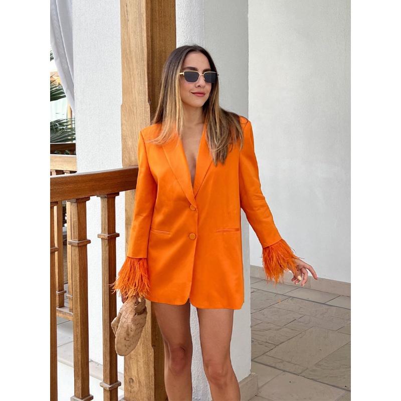 Women&#039;s Suits & Blazers Women 2022 Silk Texture With Feather Coat Vintage Long Sleeve Work Office Jacket Female Outerwear Chic FemmeWomen&#039;