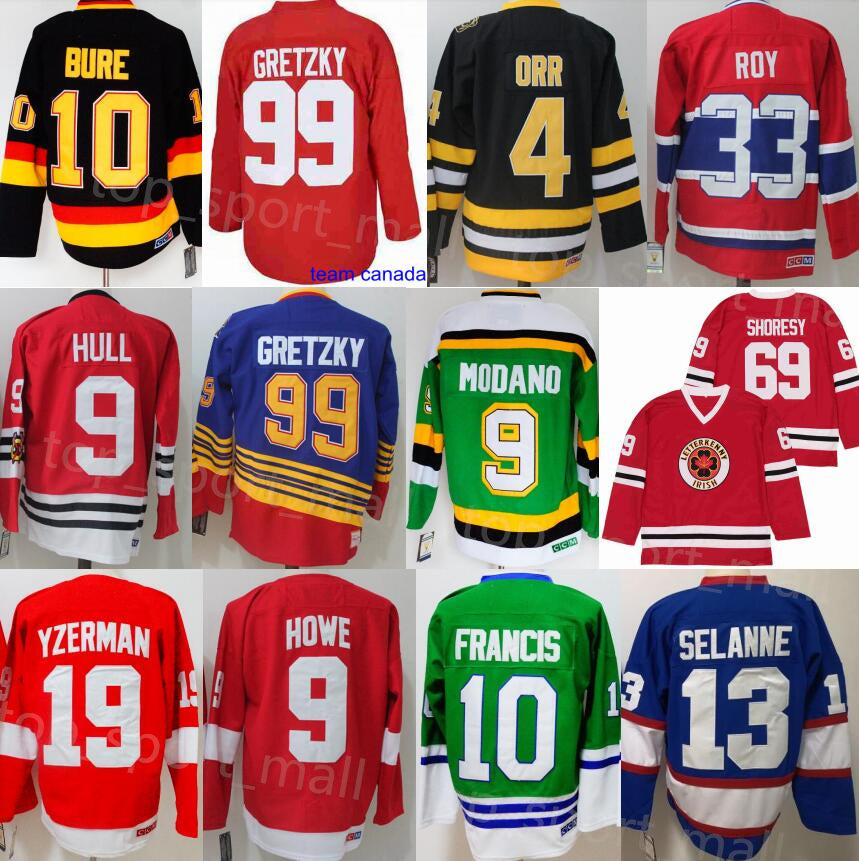 Vintage CCM Hockey Jerseys 4 Bobby Orr 9 Hull 99 Wayne Gretzky 13 Teemu Selanne 33 Patrick Roy 10 Ron Francis Gordie Howe 19 Steve Yzerman 69 Shores