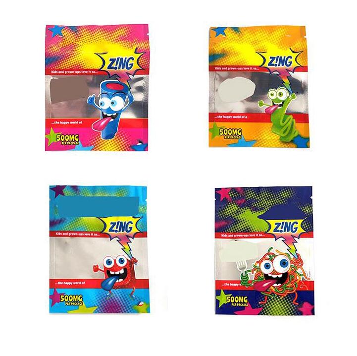 Zing edibles packaging bags 500mg infused candy gummies sour bites cubes edible mylar bag 4 types streamers zipper resealable Smell Proof Foil Baggi