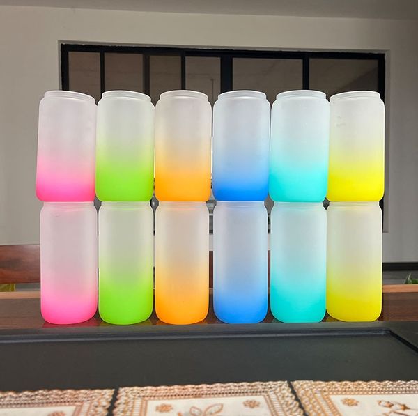 16oz Sublimation Glass Beer Mugs Can Shaped Glass Cups Tumbler Drinking With Bamboo Lid And Reusable Straw