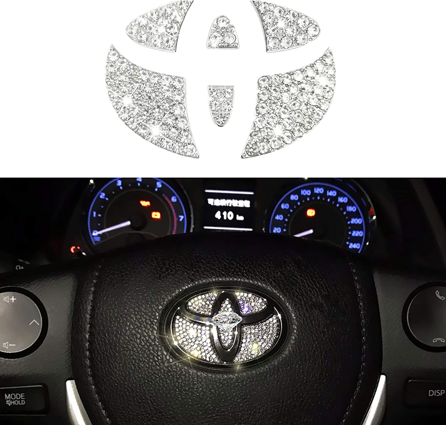Crystal Steering Wheel Bling Emblem Compatible with Toyota Camry Corolla RAV4 Highlander 2015-2020 Sparkly Emblem Overlay Diamond Decal Emblem Bling