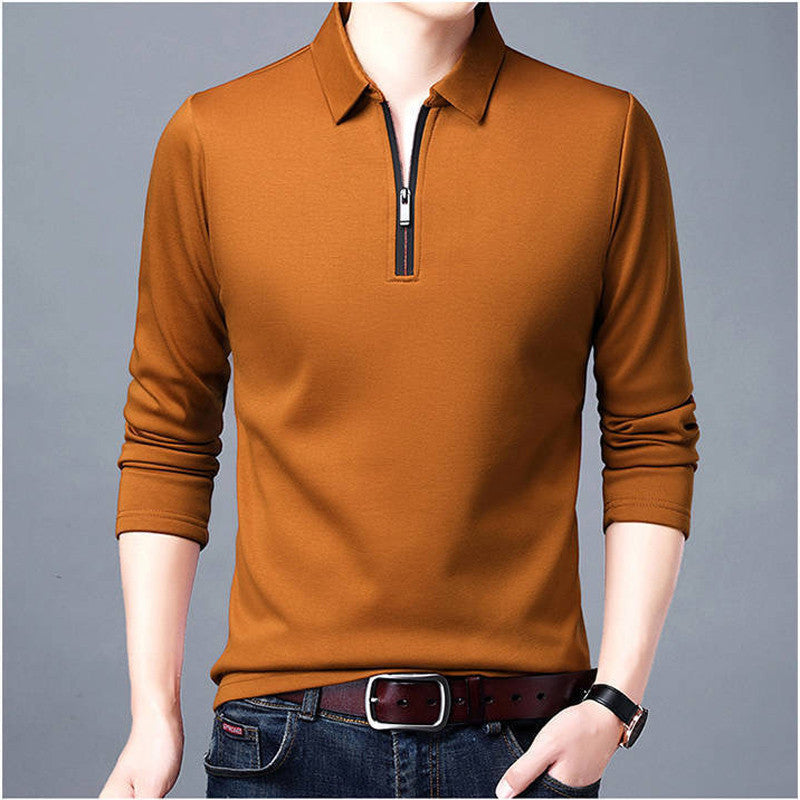 Men s Solid Polo Shirt Lapel Long sleeved Polos Zipper Collar Fashion Spring and Autumn Thin Casual Loose Tops 220630