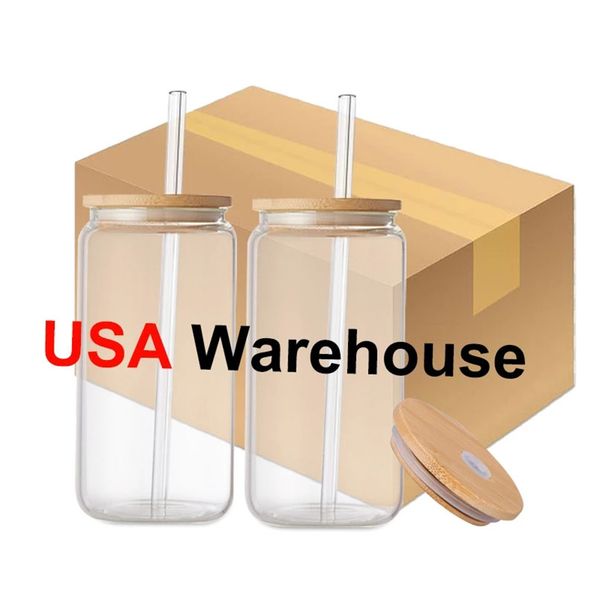 USA-CA Warehouse 16oz20oz Cup Clear Frosted Sublimation Blanks Beer Glass Tumbler Soda Can Shaped Iced Coffee Mug Cups With Bamboo Lids