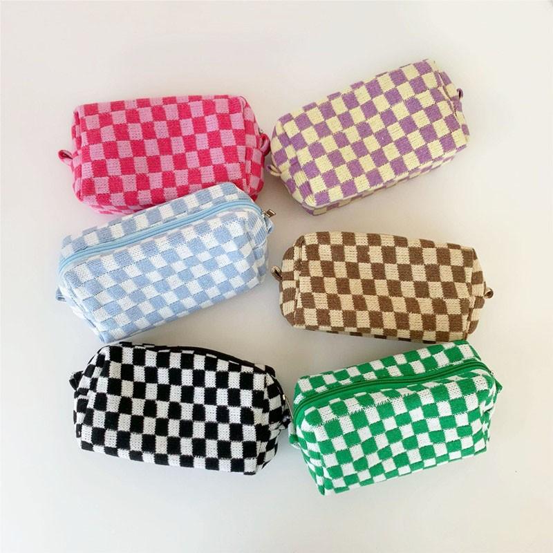 Cosmetic Bags & Cases Lattice Bag Hit Color Knitted Fabric Makeup Organizer Travel Toiletry For Women Zipper Beauty Case Pencil
