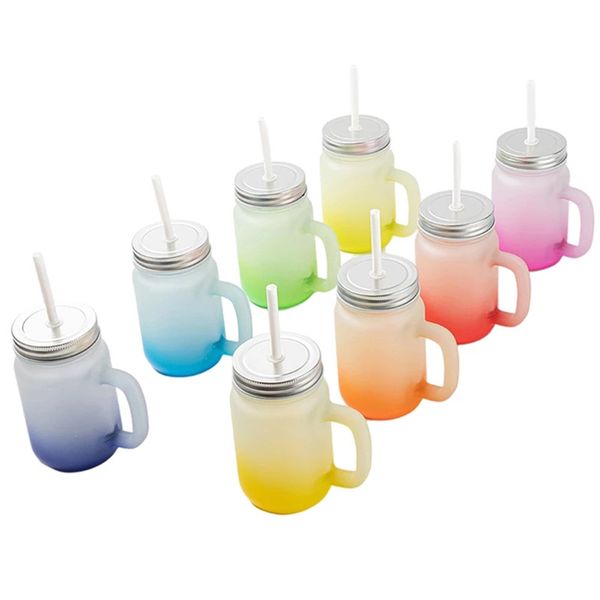 Sublimation Blanks Mugs 15oz Mason Glass Cup Tumbler Gradient Frosted Glass Juice Jar Beverage Drinking Cups Beer Mug With Straws And Handle