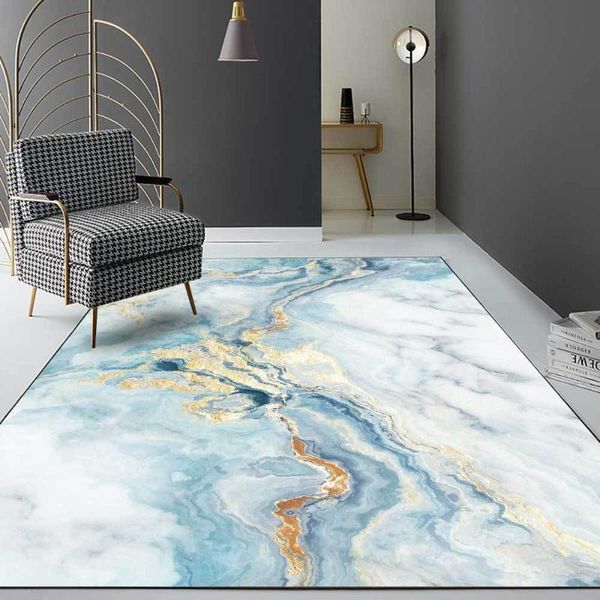 Carpets Light Blue Gold White Marble Living Room Bedroom Fashion Modern Luxury Abstract Bedside Carpet Floor Mat Customization
