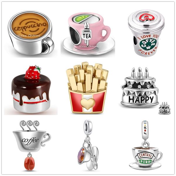 925 Sterling Silver Dangle Charm New Silver color Coffee Cup Glass Candy Cane Cocoa fries Bead Fit Charms Bracelet DIY Jewelry Accessories