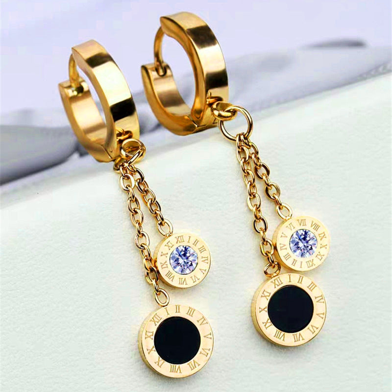 Luxury Roman Numerals Hoops Crystal Diamond Studs Earrings Rose Gold Fashion Titanium Steel Long Tassel Drop Earring Women Gifts Jewelry Never Fade