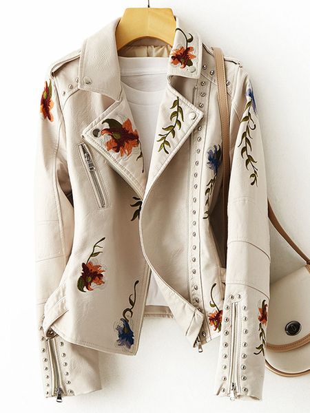 New Women Retro Floral Print Embroidery Faux Soft Leather Jacket Coat Turndown Collar Pu Moto Biker Black Punk Outerwear