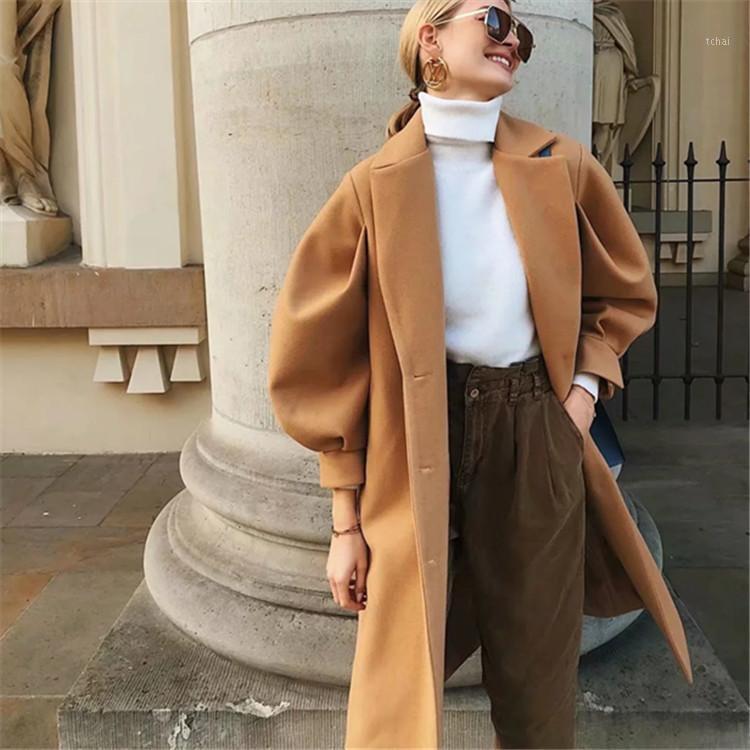 Women&#039;s Wool & Blends Retro Camel Color Bubble Sleeve Belt Waist Long Woolen Winter Coat For Women