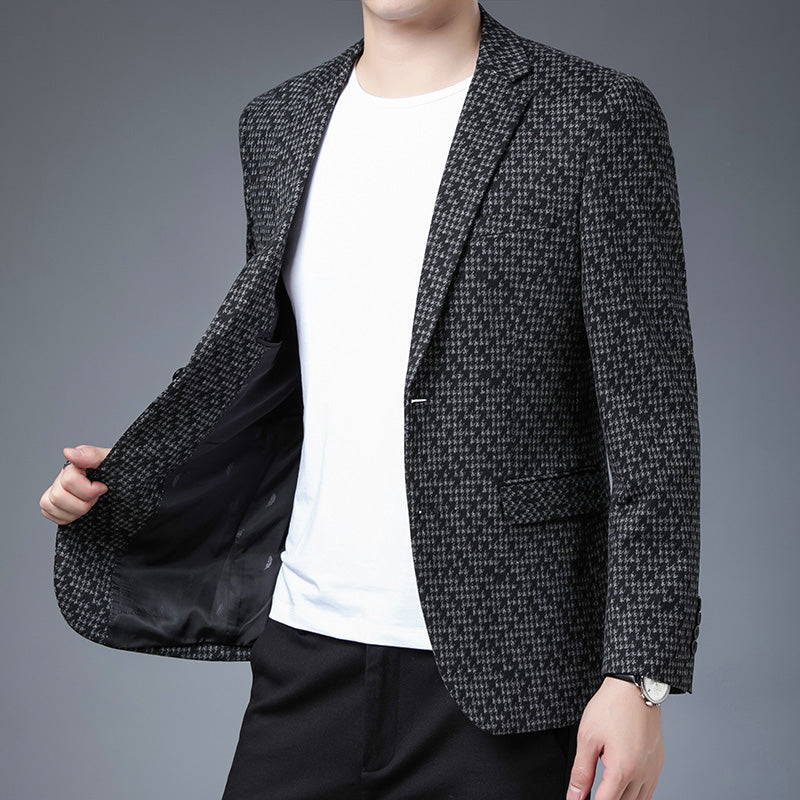 Men&#039;s new Korean style top fashion trend handsome cotton slim suit youth elastic non-iron printed casual jacket