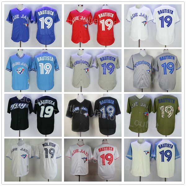 Men Vintage 1993 Retro Baseball 19 Jose Bautista Jersey Throwback Pullover Blue Red White Grey Black Team Color Flexbase Cool Base All Stitc