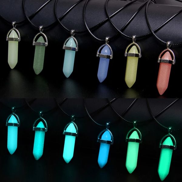 Luminous Stone Necklace Hexagonal Column Pendant Necklace Men Women Natural Chalcedony Bullet Choker Glow in Dark Jewelry Gift