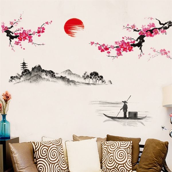 Plum Sunrise landscape Chinese style art Wall Stickers Living room Bedroom background for home decoration Mural Decals wallpaper 220607