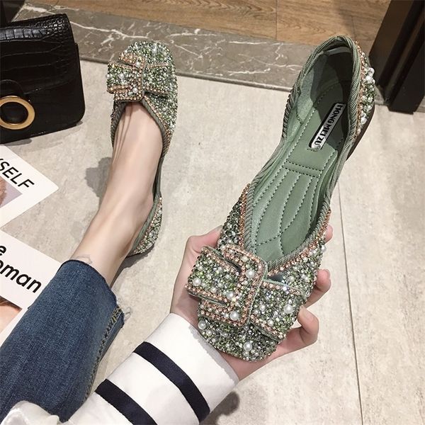 chanalShoes Women Flats Ballet Bling Crystal Diamond Dress Ladies Bow Sequins Single Shoes Glitter Square Toe Plus Size 43 220610